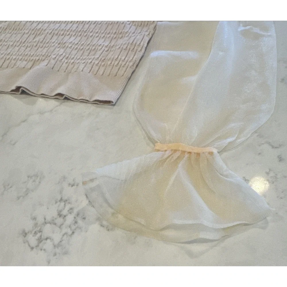 ANTHROPOLOGIE MAEVE Ivory XXS Sheer Organza Sleeve Textured Knit V-Neck Pullover